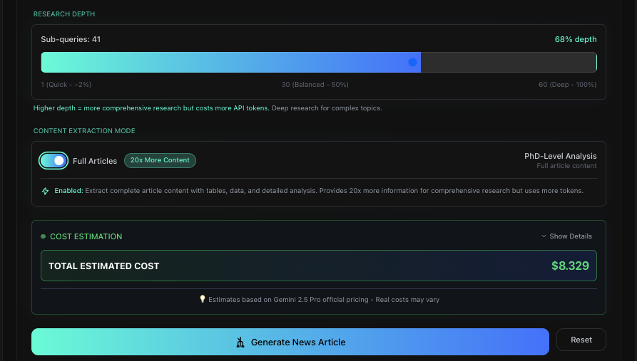Advanced Query Decomposition Interface - Research Depth & Content Extraction Controls